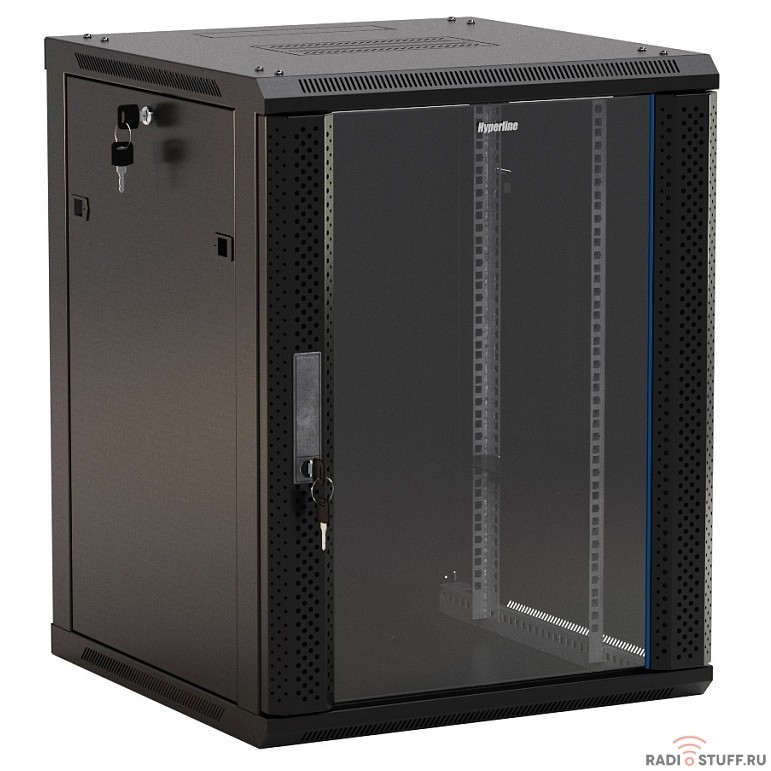 Шкаф настенный, 19", 9U, (500x600х450мм), стеклянная дверь с перфорацией по бокам, ручка с замком, черный, (разобранный), Hyperline