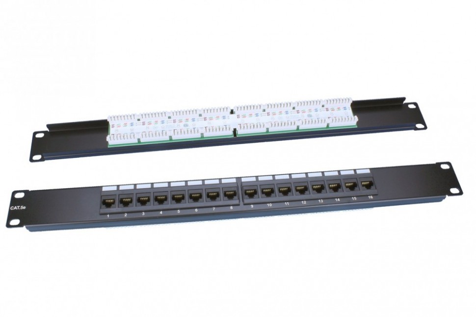 Патч-панель 19", 1U, 16 портов, cat.5e, Dual Type, черный, Hyperline 