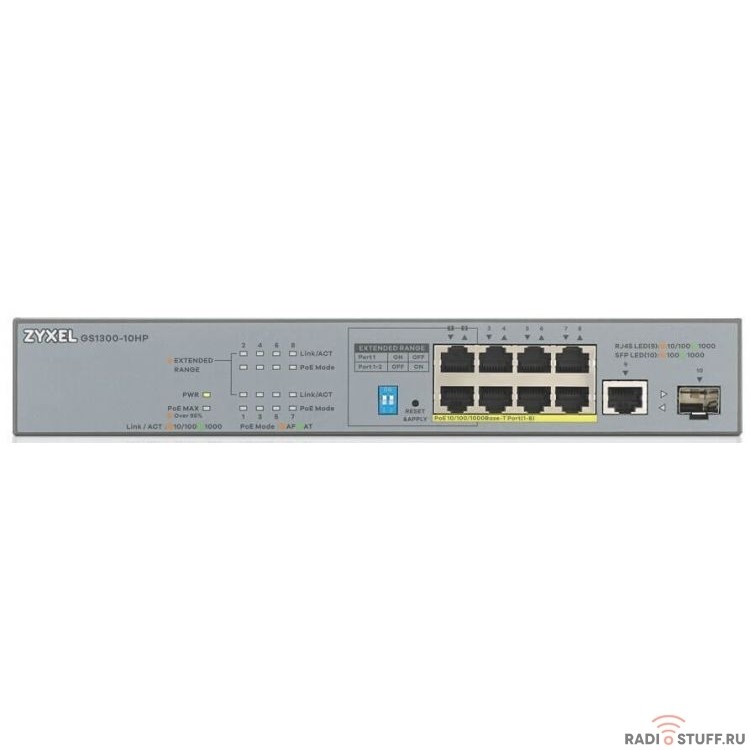 ZYXEL GS1300-10HP-EU0101F Коммутатор PoE+ для IP-видеокамер 9xGE (8xPoE+), 1xSFP, бюджет PoE 130 Вт, дальность передачи питания до 250 м